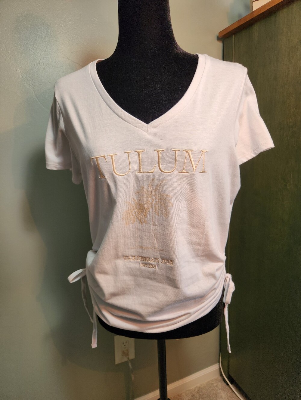 Caribbean Joe Cream Tulum Embroidered V-Neck Tee